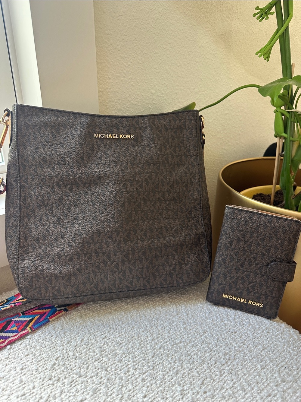 Michael Kors Brown MK Logo Shoulder Tote with Matching Card Case